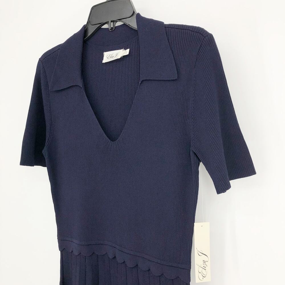 Eliza J Womens Fit & Flare Dress Small Navy Blue Ribbed Knit Johnny Collar NWT - Picture 6 of 14